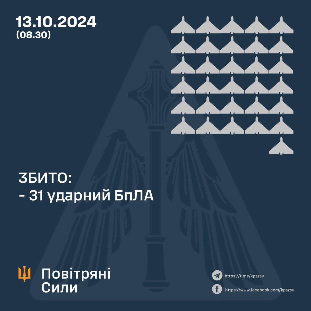 За минулу ніч українські сили ППО збили 31 ворожий ударний БпЛА